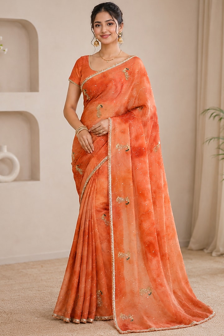 Tangerine Orange Pure Georgette Sequin Embroidered Festive Saree Set by House Of Jamoti at Pernia's Pop Up Shop