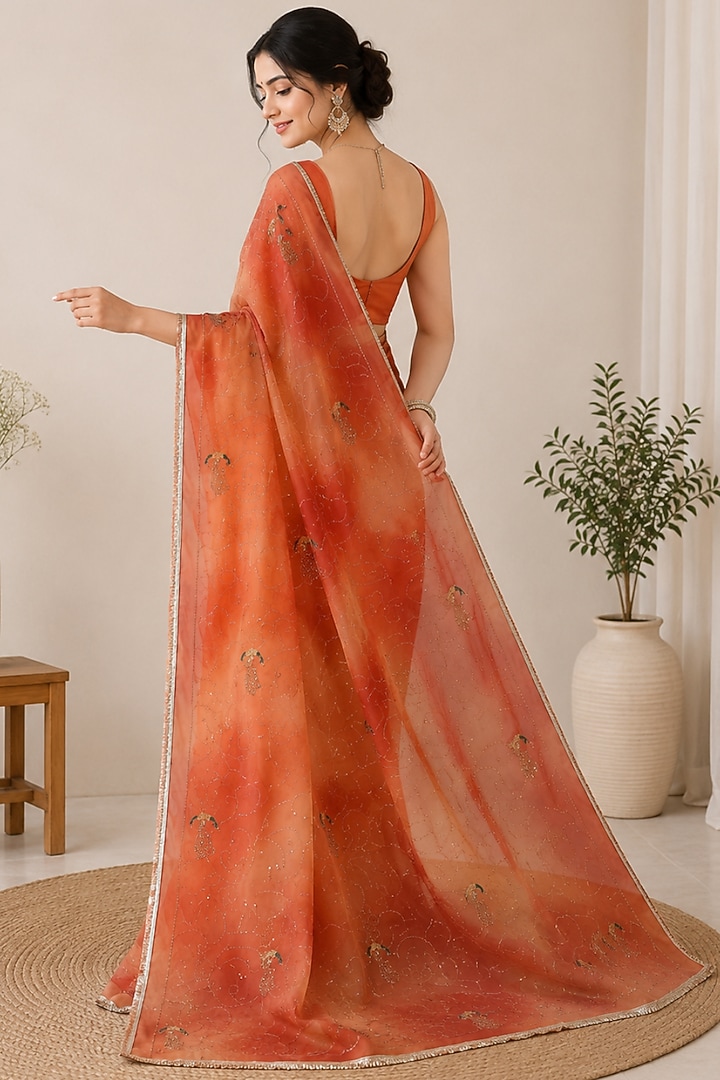 Tangerine Orange Pure Georgette Sequin Embroidered Festive Saree Set by House Of Jamoti at Pernia's Pop Up Shop