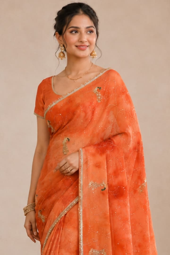 Tangerine Orange Pure Georgette Sequin Embroidered Festive Saree Set by House Of Jamoti at Pernia's Pop Up Shop