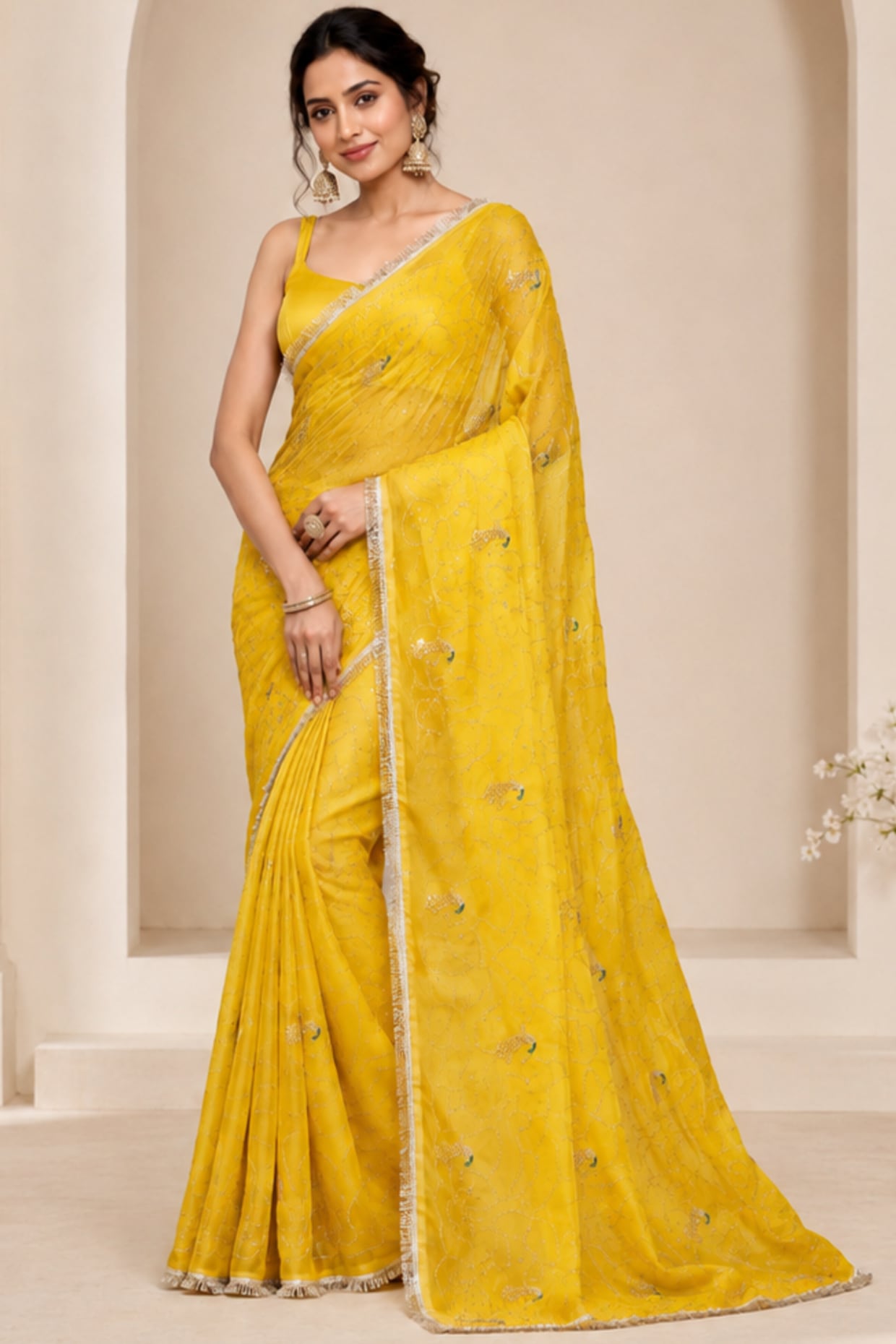 House Of Jamoti Sunshine Yellow Pure Georgette Sequin Embroidered Saree Set