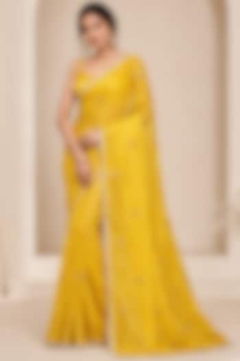 Sunshine Yellow Pure Georgette Sequin Embroidered Festive Saree Set by House Of Jamoti at Pernia's Pop Up Shop