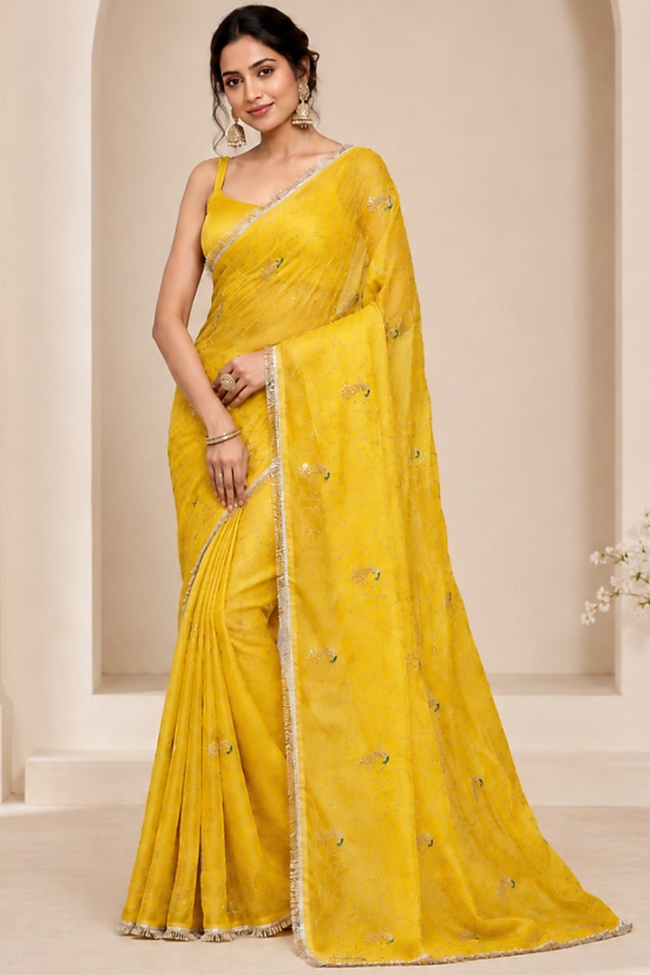 Sunshine Yellow Pure Georgette Sequin Embroidered Festive Saree Set by House Of Jamoti at Pernia's Pop Up Shop