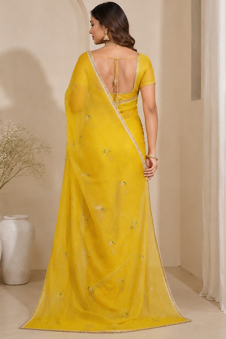 Sunshine Yellow Pure Georgette Sequin Embroidered Festive Saree Set by House Of Jamoti at Pernia's Pop Up Shop