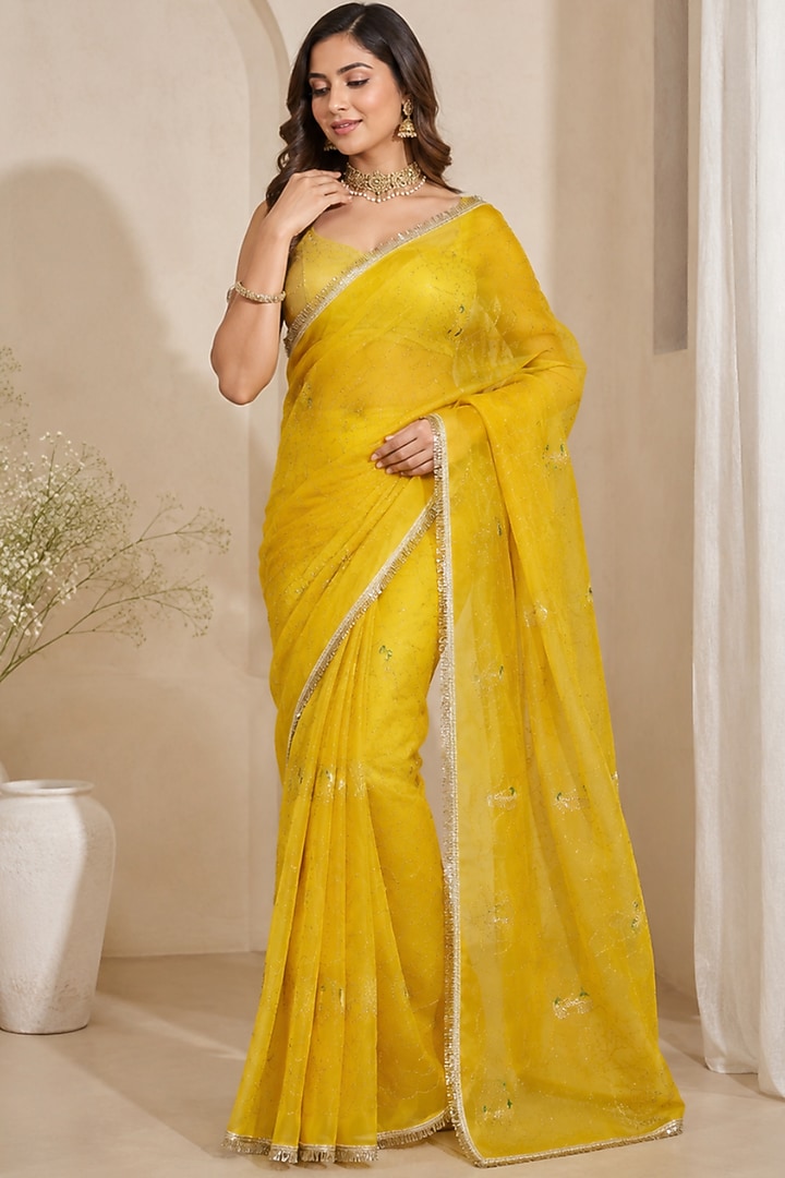 Sunshine Yellow Pure Georgette Sequin Embroidered Festive Saree Set by House Of Jamoti at Pernia's Pop Up Shop