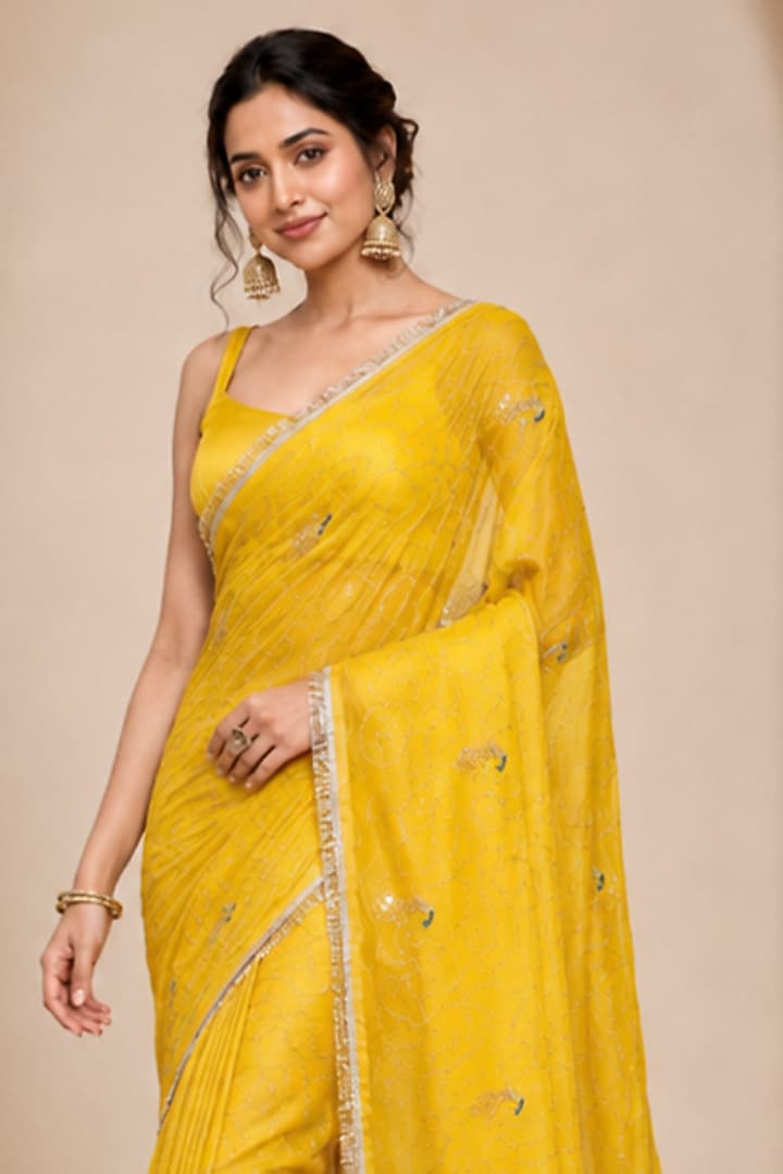 Sunshine Yellow Pure Georgette Sequin Embroidered Festive Saree Set by House Of Jamoti at Pernia's Pop Up Shop
