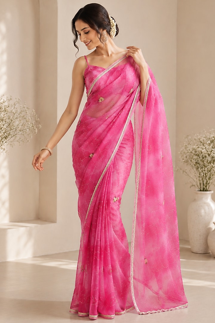 Fuchsia Pink Pure Georgette Sequin Embroidered Festive Saree Set by House Of Jamoti at Pernia's Pop Up Shop