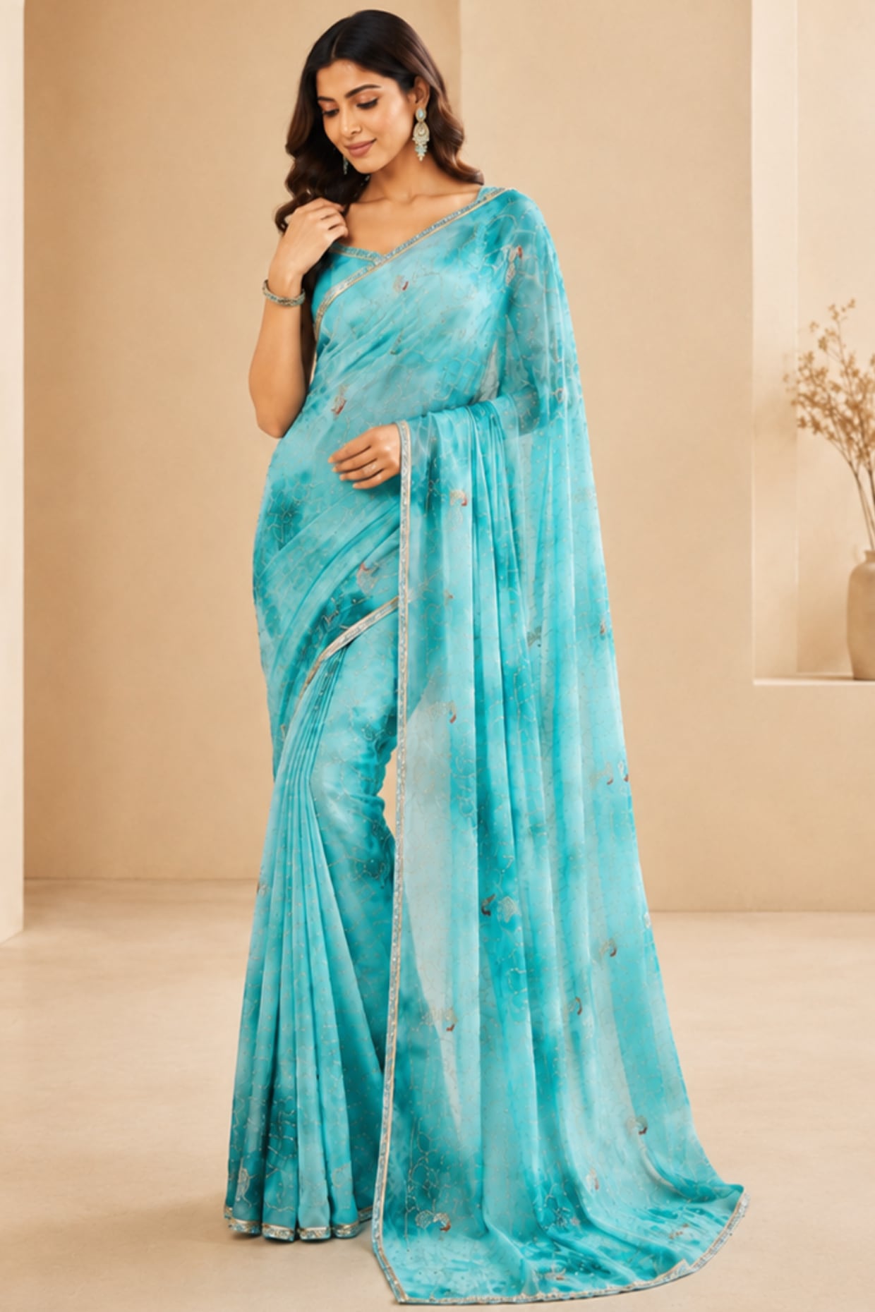House Of Jamoti Aqua Blue Pure Georgette Sequin Embroidered Saree Set