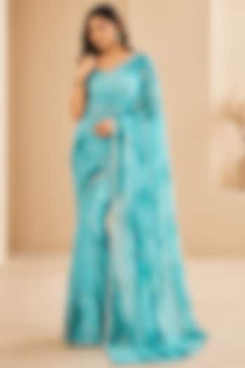 Aqua Blue Pure Georgette Sequin Embroidered Festive Saree Set by House Of Jamoti at Pernia's Pop Up Shop