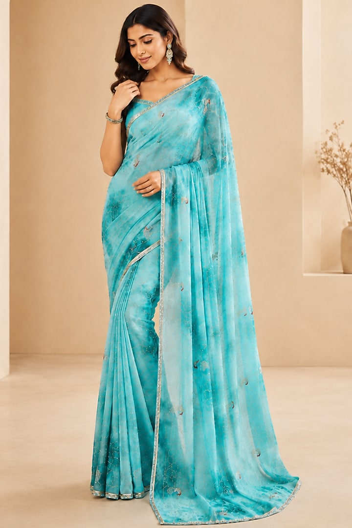 Aqua Blue Pure Georgette Sequin Embroidered Festive Saree Set by House Of Jamoti at Pernia's Pop Up Shop