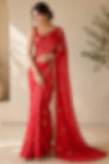 Scarlet Red Pure Georgette Sequin Embellished Festive Saree Set by House Of Jamoti at Pernia's Pop Up Shop