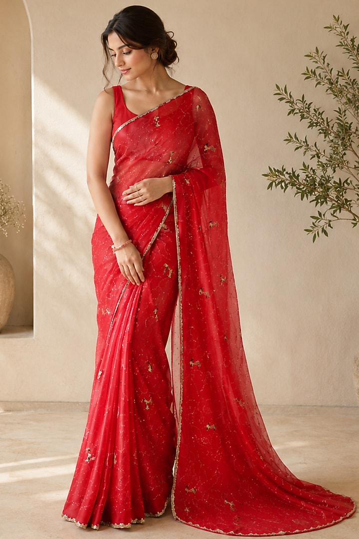 Scarlet Red Pure Georgette Sequin Embellished Festive Saree Set by House Of Jamoti at Pernia's Pop Up Shop