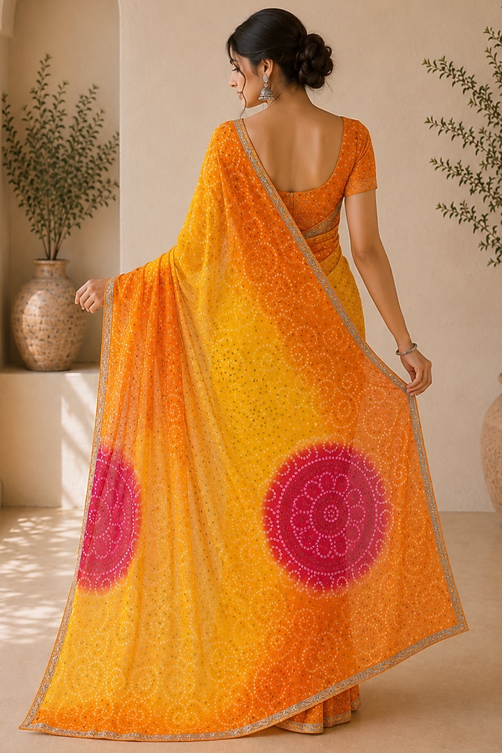Orange & Yellow Pure Georgette Bandhani Printed Festive Saree Set by House Of Jamoti at Pernia's Pop Up Shop