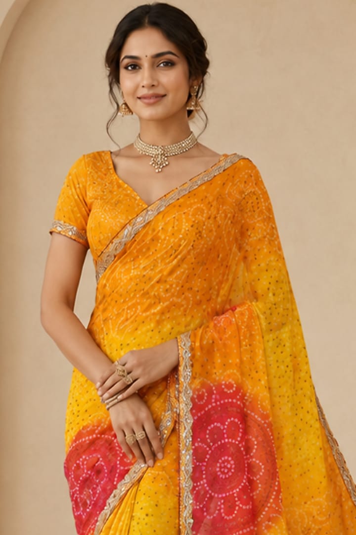 Orange & Yellow Pure Georgette Bandhani Printed Festive Saree Set by House Of Jamoti at Pernia's Pop Up Shop