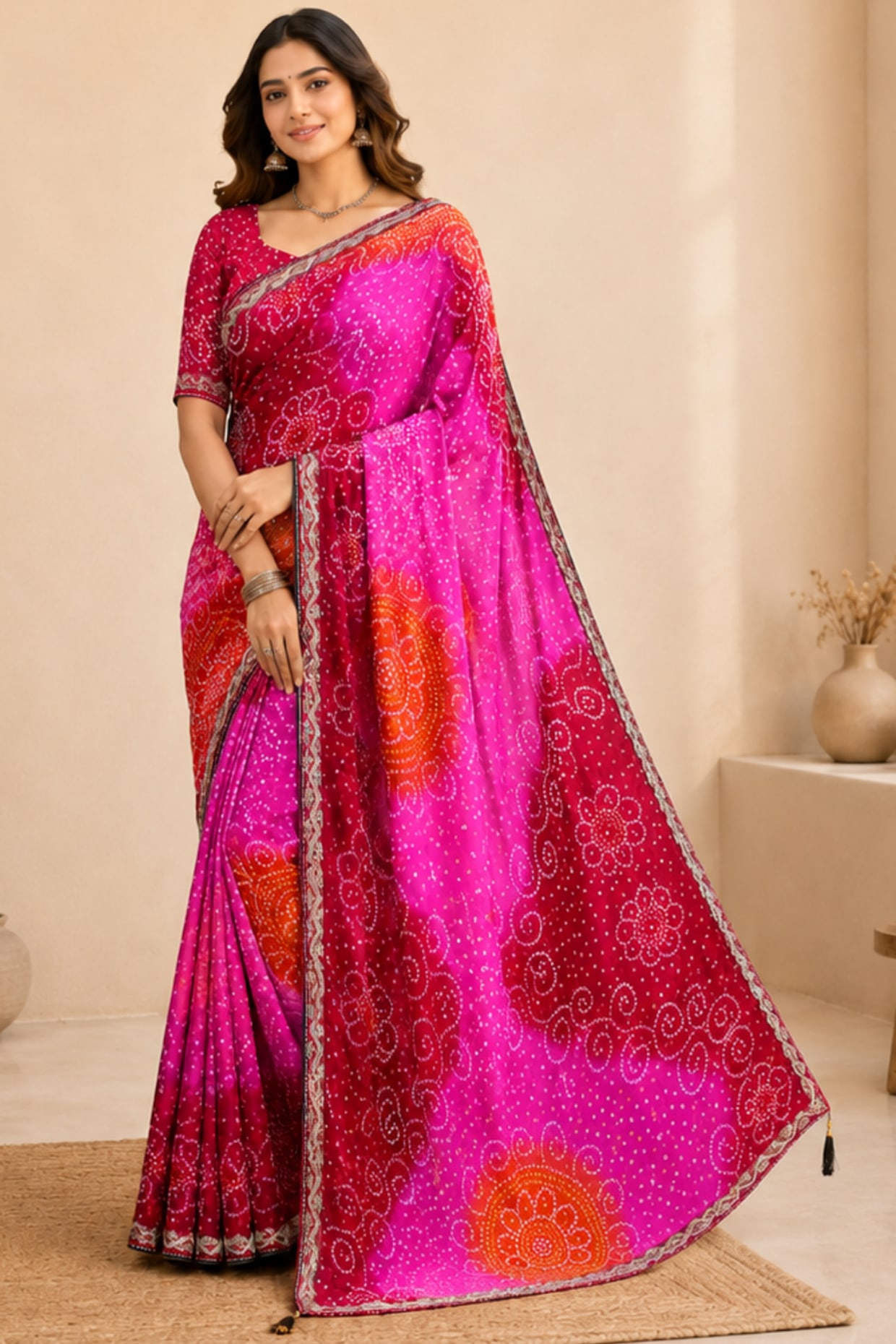 House Of Jamoti Rani Pink Pure Georgette Bandhani Printed Saree Set