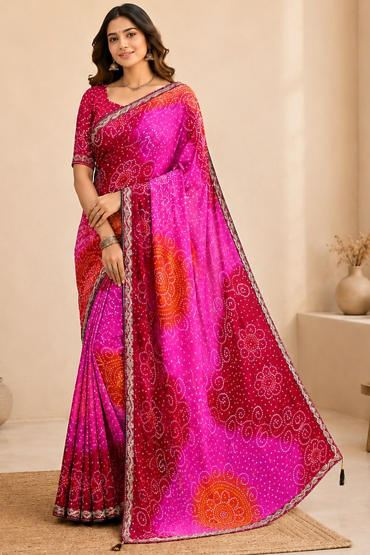Rani Pink Pure Georgette Bandhani Printed Festive Saree Set by House Of Jamoti at Pernia's Pop Up Shop