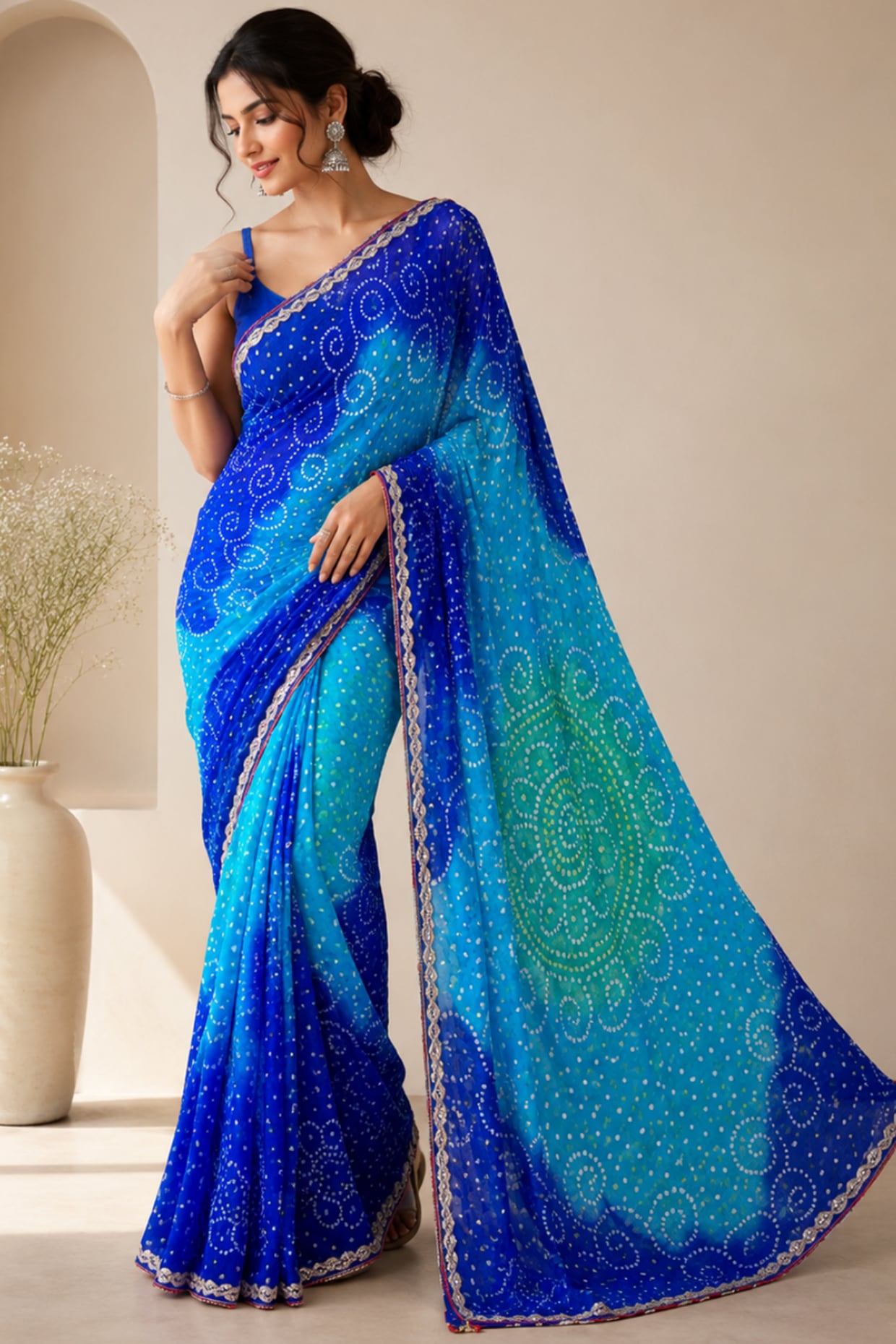 House Of Jamoti Royal Blue Pure Georgette Bandhani Printed Saree Set