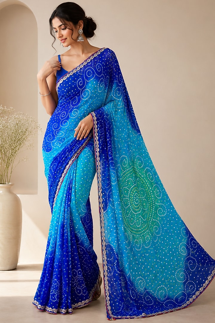Royal Blue Pure Georgette Bandhani Printed Festive Saree Set by House Of Jamoti at Pernia's Pop Up Shop