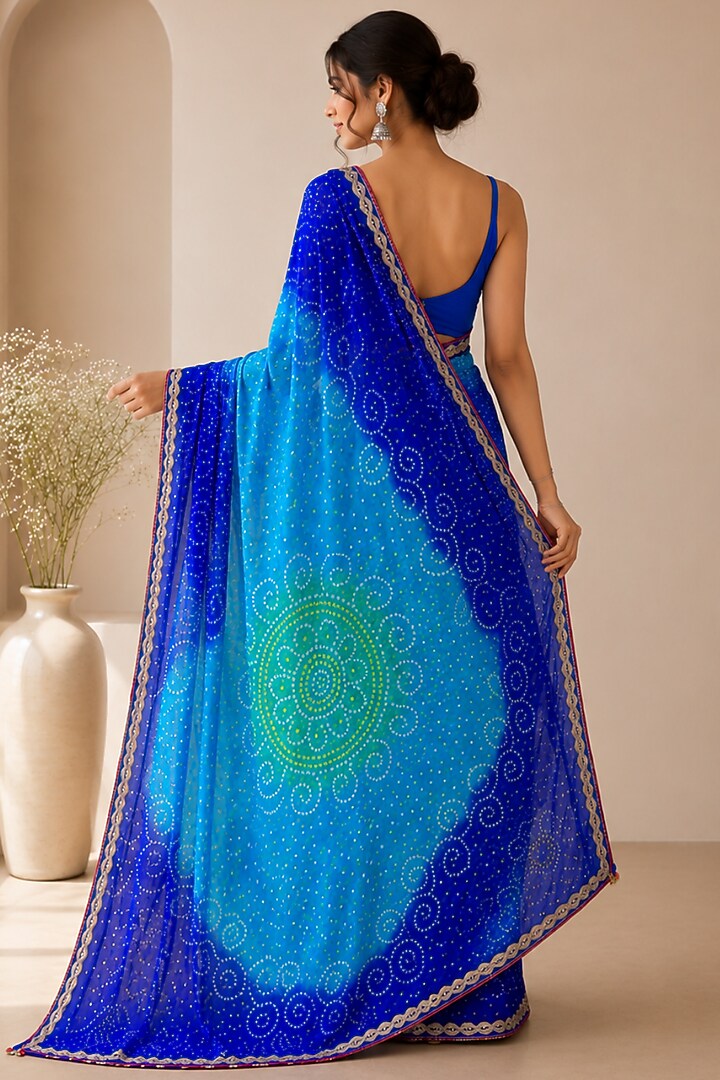 Royal Blue Pure Georgette Bandhani Printed Festive Saree Set by House Of Jamoti at Pernia's Pop Up Shop