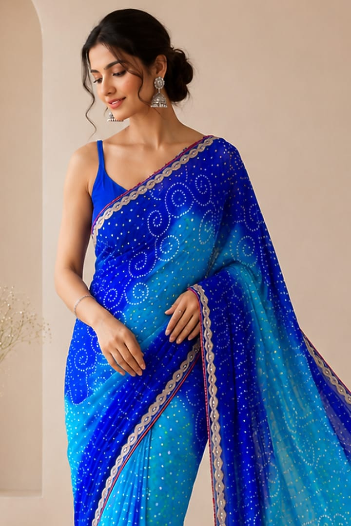 Royal Blue Pure Georgette Bandhani Printed Festive Saree Set by House Of Jamoti at Pernia's Pop Up Shop