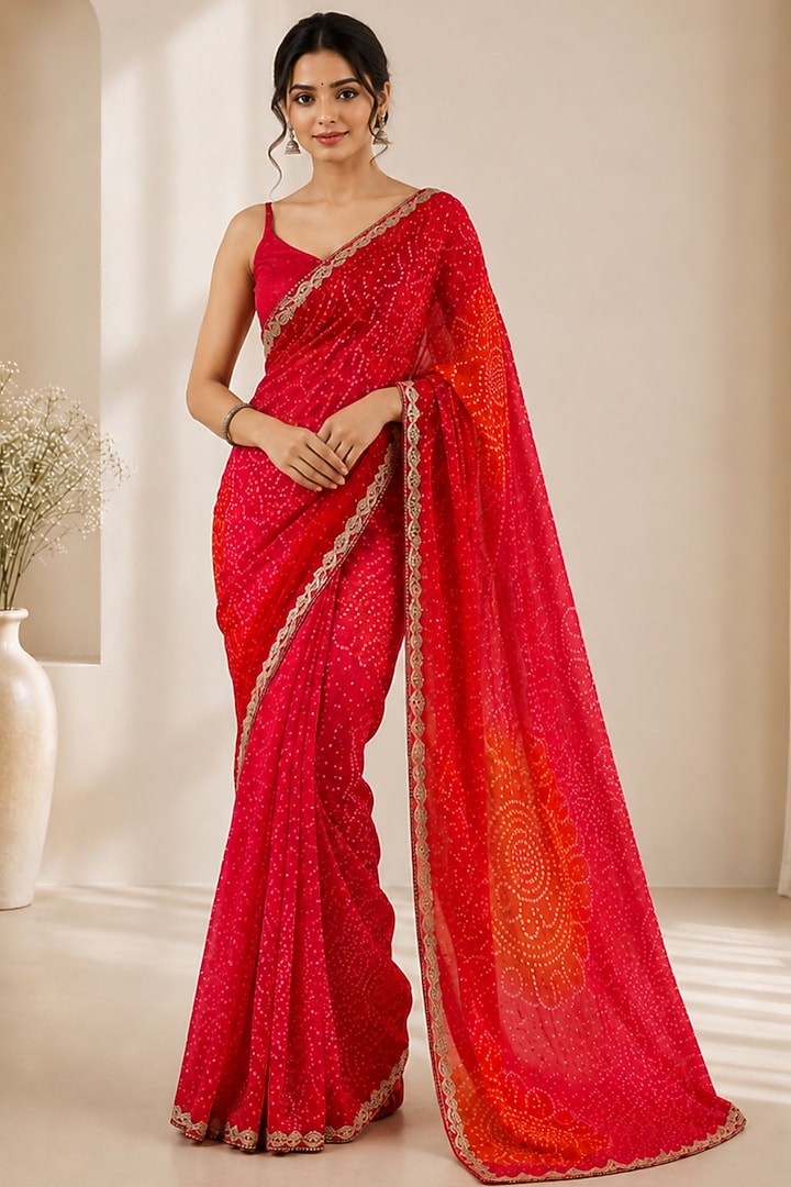 Red Pure Georgette Bandhani Printed Festive Saree Set by House Of Jamoti at Pernia's Pop Up Shop