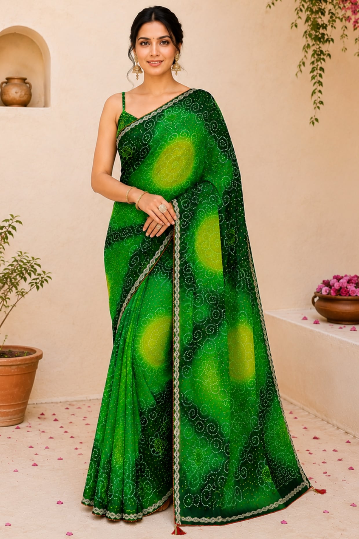 House Of Jamoti Green Pure Georgette Bandhani Printed Saree Set