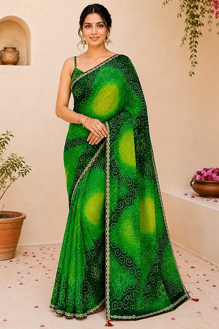Green Pure Georgette Bandhani Printed Festive Saree Set by House Of Jamoti at Pernia's Pop Up Shop