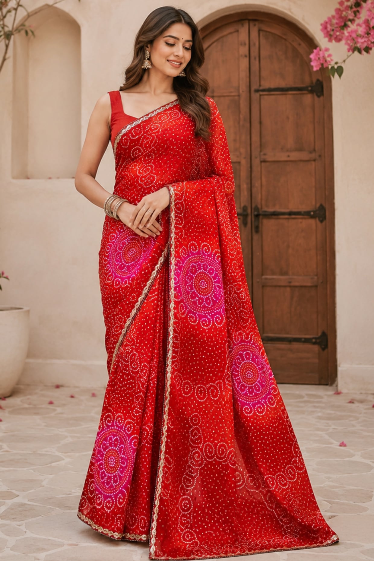 House Of Jamoti Red Pure Georgette Bandhani Printed Saree Set