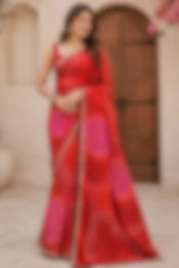 Red Pure Georgette Bandhani Printed Festive Saree Set by House Of Jamoti at Pernia's Pop Up Shop