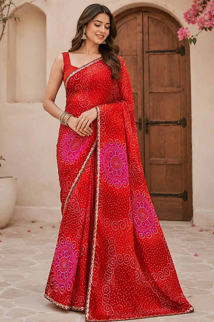 Red Pure Georgette Bandhani Printed Festive Saree Set by House Of Jamoti at Pernia's Pop Up Shop
