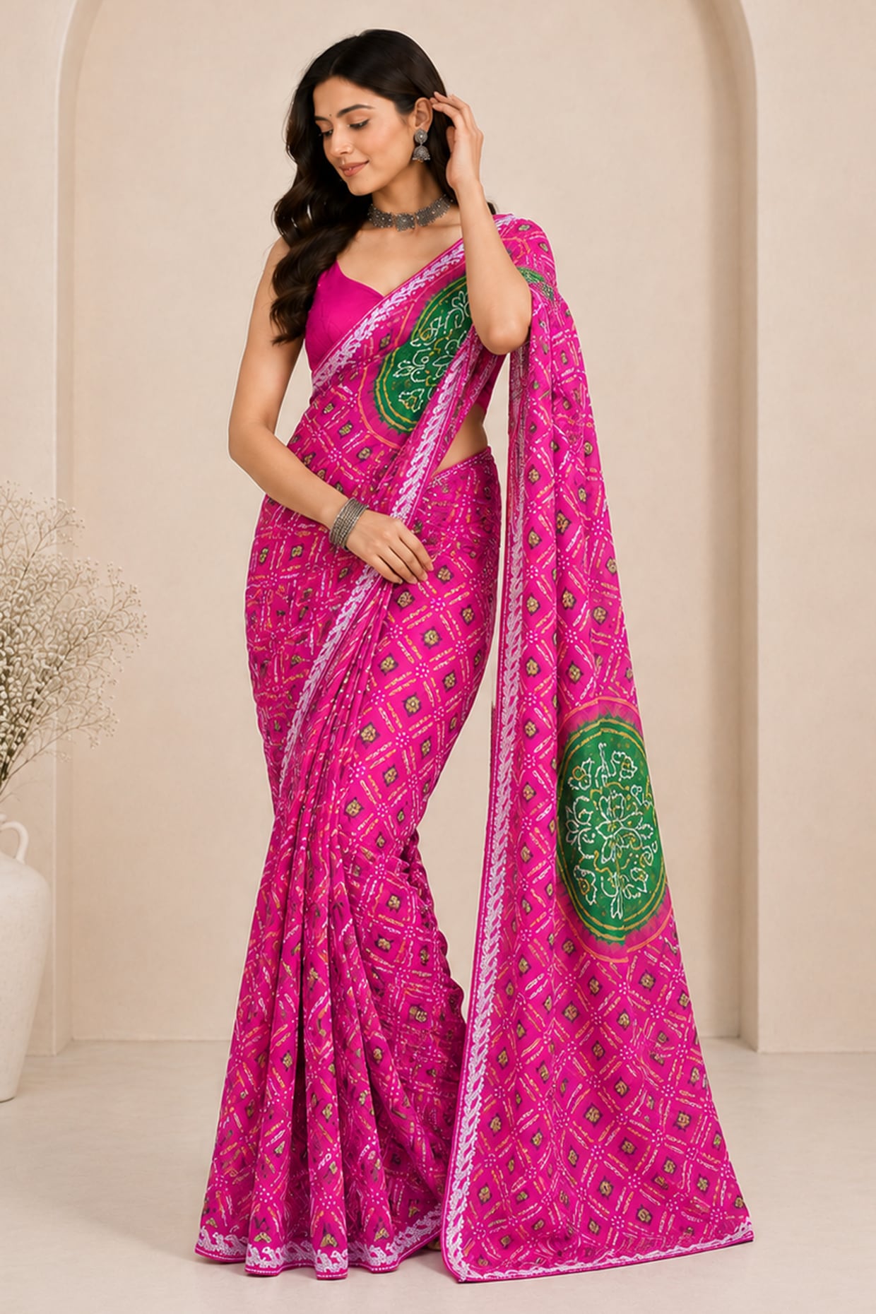 House Of Jamoti Rani Pink Pure Georgette Bandhani Printed Saree Set