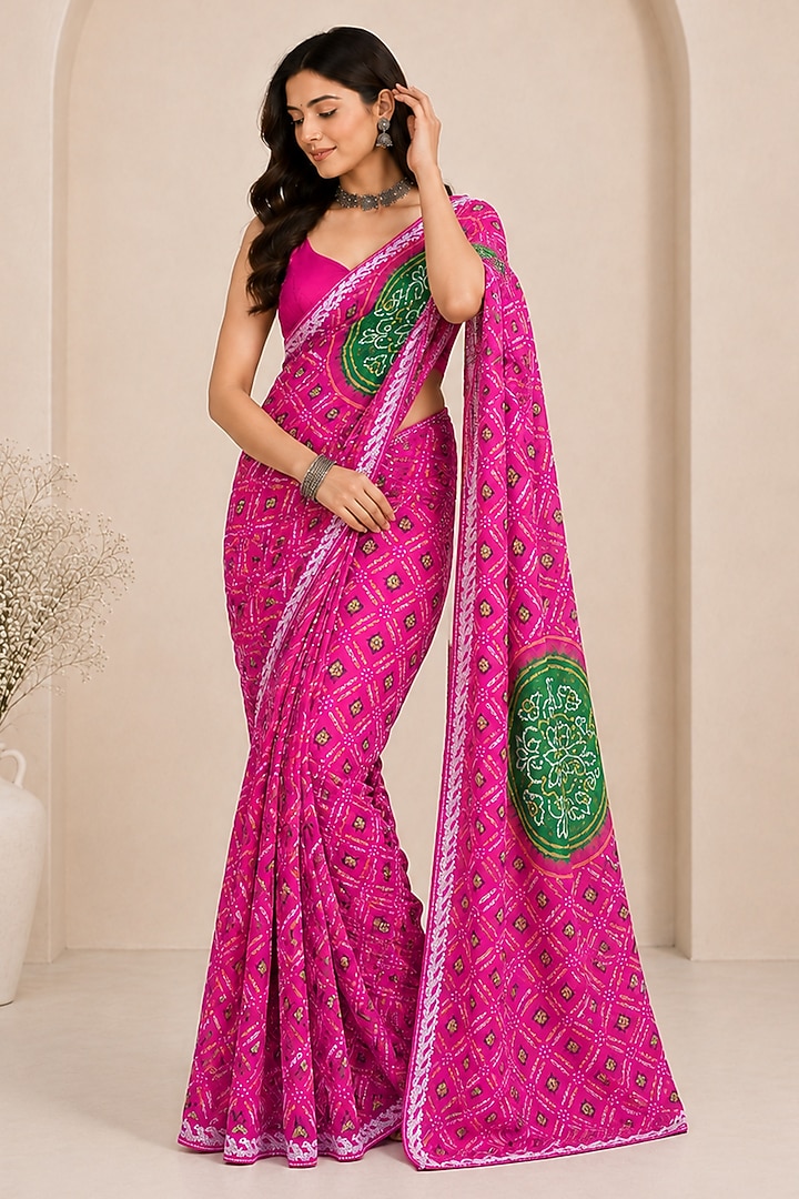 Rani Pink Pure Georgette Bandhani Printed Festive Saree Set by House Of Jamoti at Pernia's Pop Up Shop