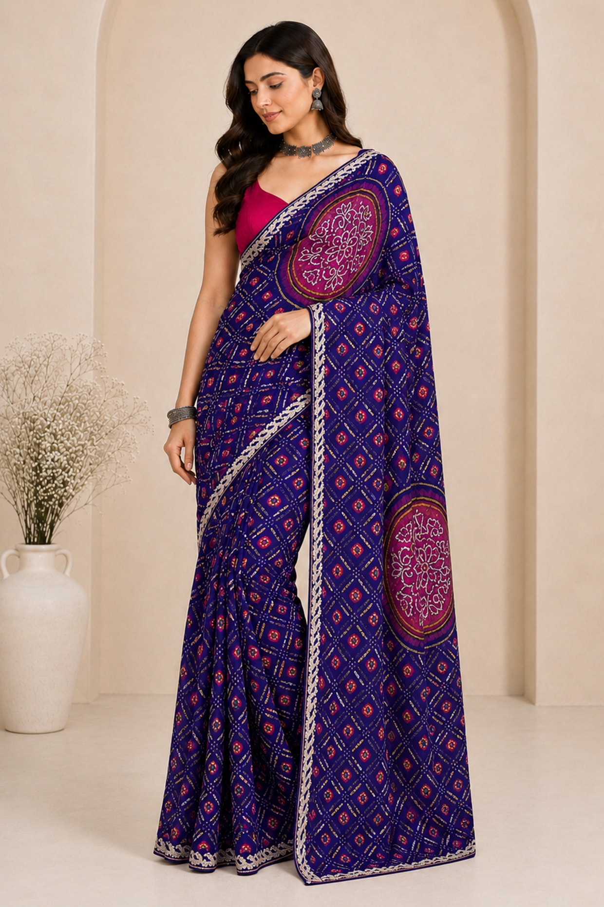 House Of Jamoti Navy Blue Pure Georgette Bandhani Printed Saree Set