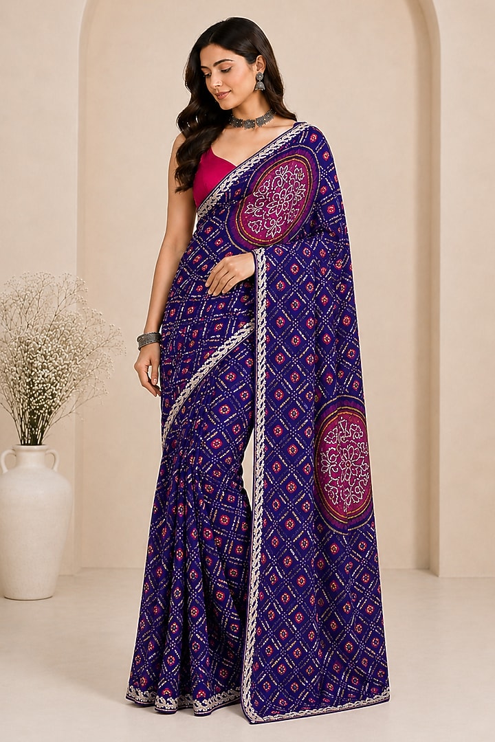 Navy Blue Pure Georgette Bandhani Printed Festive Saree Set by House Of Jamoti at Pernia's Pop Up Shop