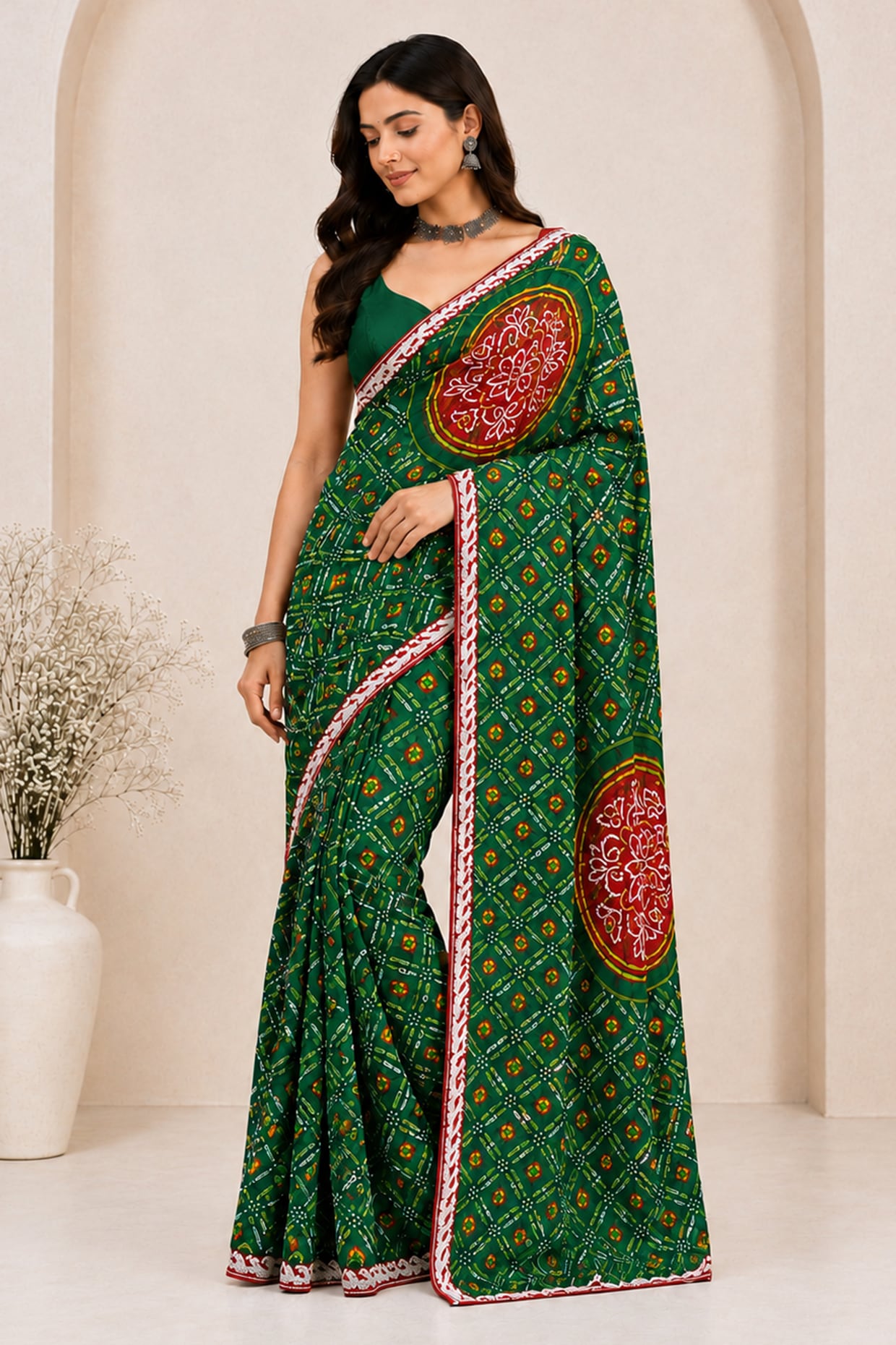 House Of Jamoti Emerald Green Pure Georgette Bandhani Printed Saree Set