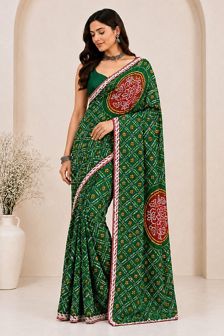 Emerald Green Pure Georgette Bandhani Printed Festive Saree Set by House Of Jamoti at Pernia's Pop Up Shop