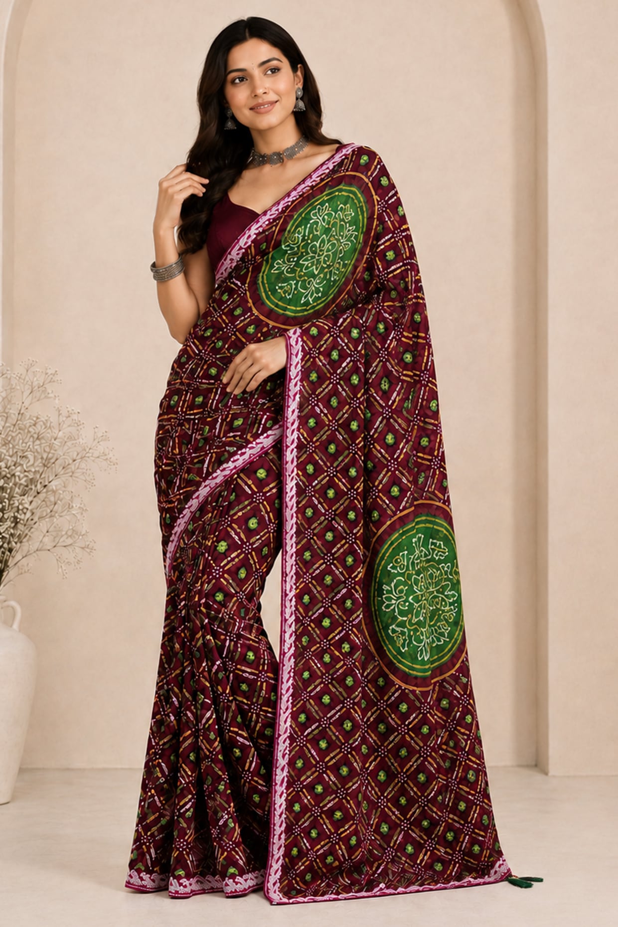 House Of Jamoti Deep Maroon Pure Georgette Bandhani Printed Saree Set
