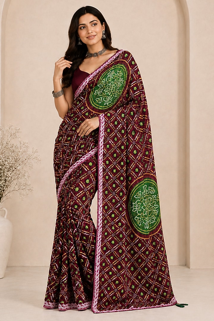 Deep Maroon Pure Georgette Bandhani Printed Festive Saree Set by House Of Jamoti at Pernia's Pop Up Shop