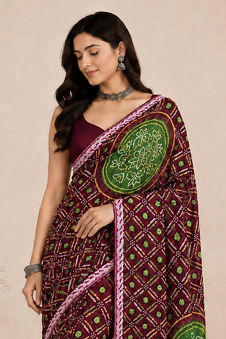 Deep Maroon Pure Georgette Bandhani Printed Festive Saree Set by House Of Jamoti at Pernia's Pop Up Shop