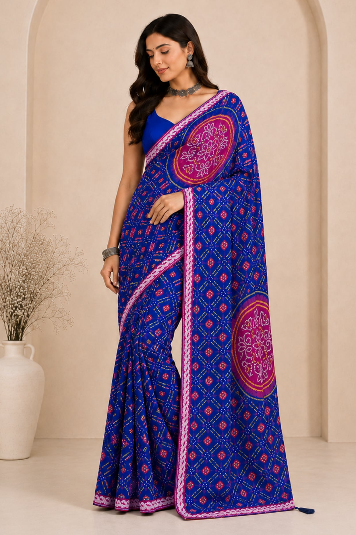 House Of Jamoti Royal Blue Pure Georgette Bandhani Printed Saree Set