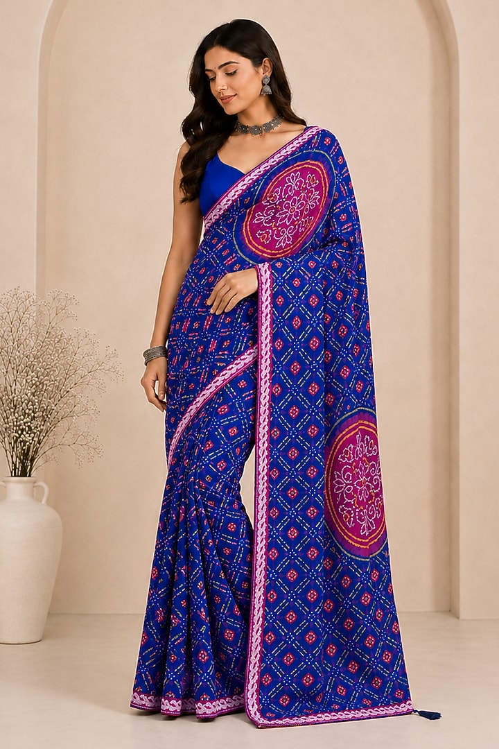 Royal Blue Pure Georgette Bandhani Printed Festive Saree Set by House Of Jamoti at Pernia's Pop Up Shop