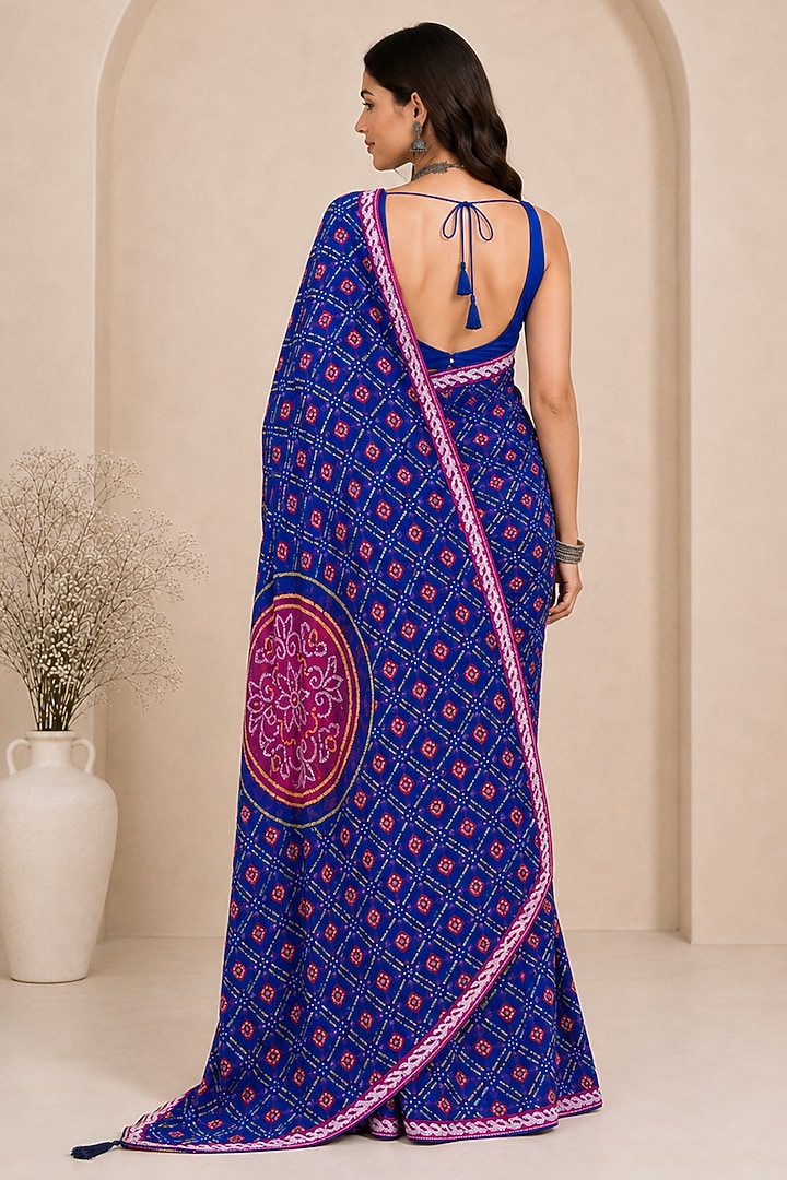 Royal Blue Pure Georgette Bandhani Printed Festive Saree Set by House Of Jamoti at Pernia's Pop Up Shop