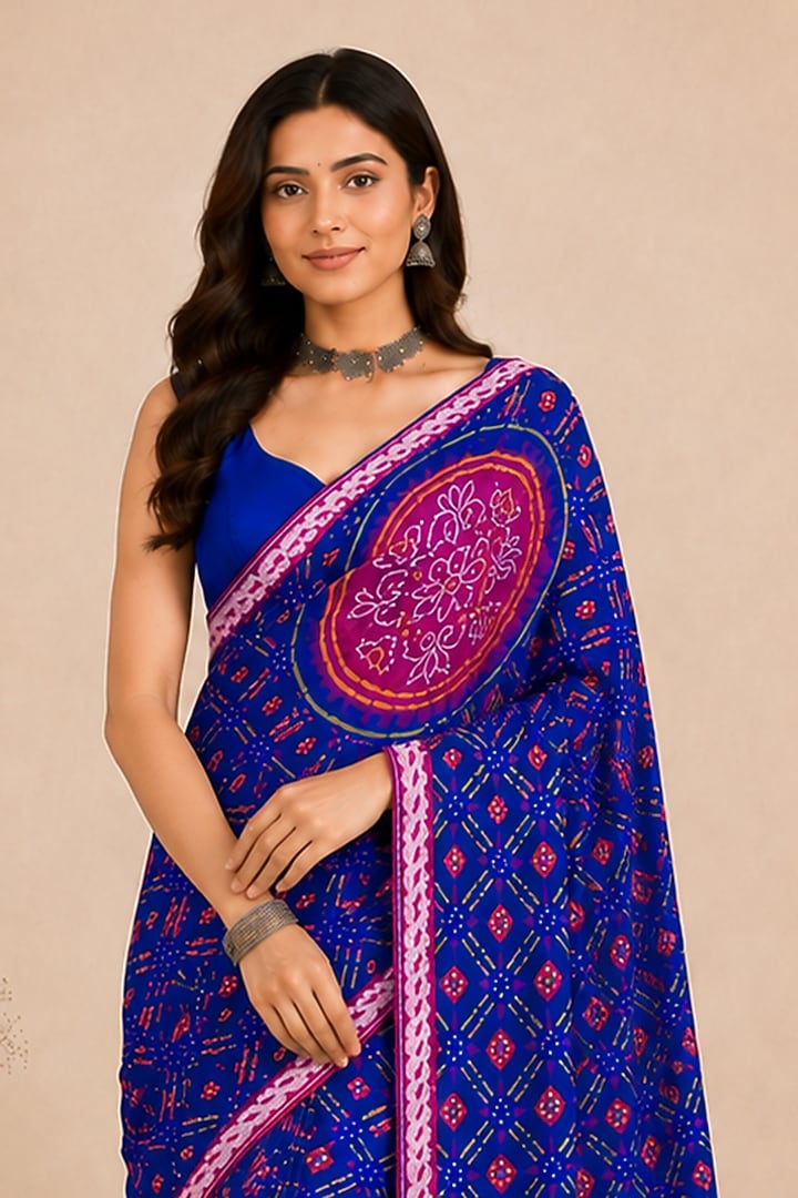 Royal Blue Pure Georgette Bandhani Printed Festive Saree Set by House Of Jamoti at Pernia's Pop Up Shop