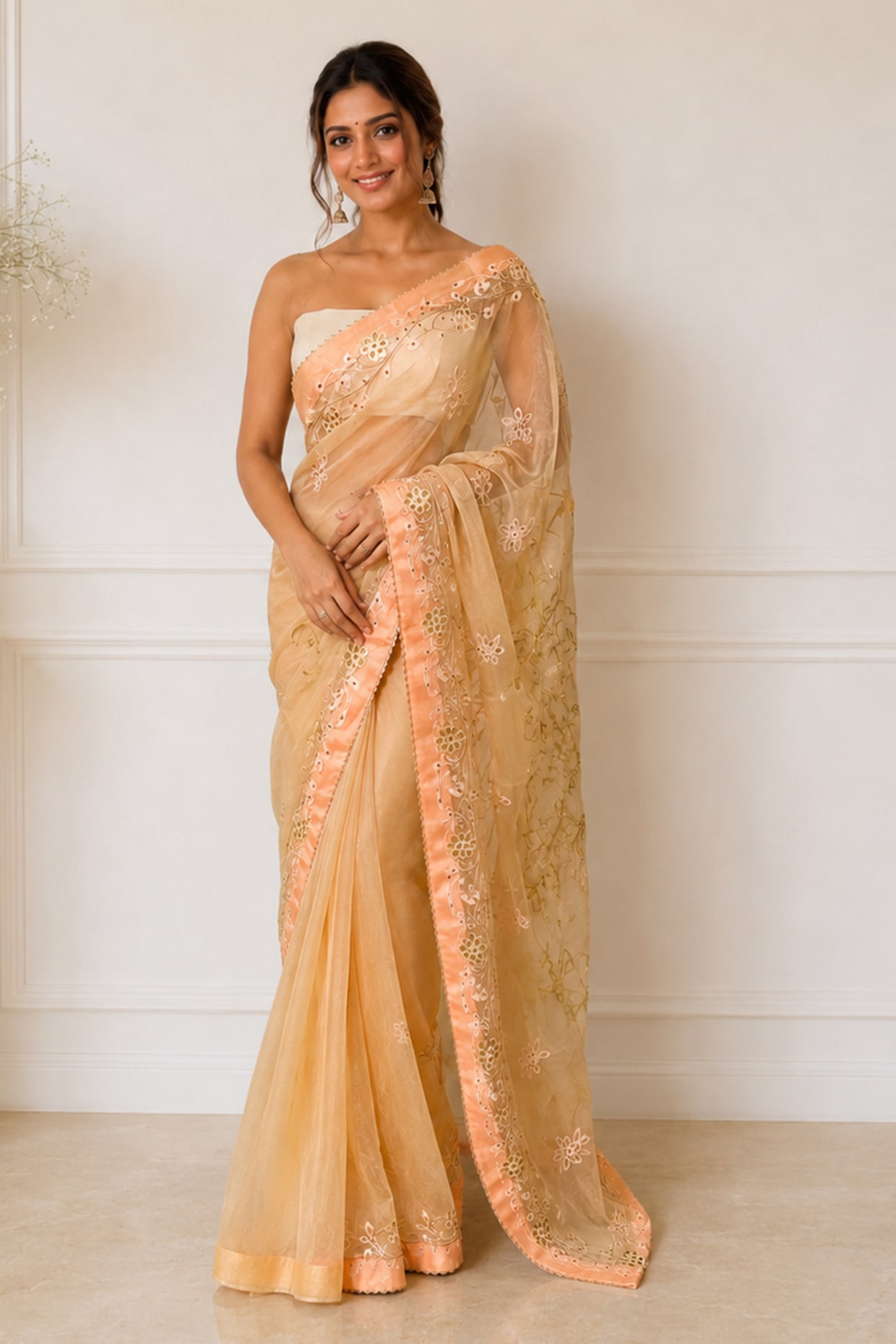 House Of Jamoti Peach Organza Floral Embroidered Saree