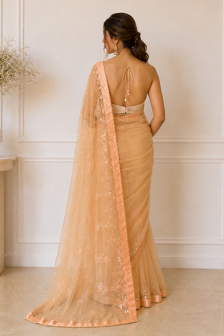 Peach Organza Floral Embroidered Festive Saree by House Of Jamoti at Pernia's Pop Up Shop