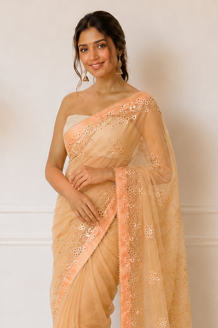 Peach Organza Floral Embroidered Festive Saree by House Of Jamoti at Pernia's Pop Up Shop