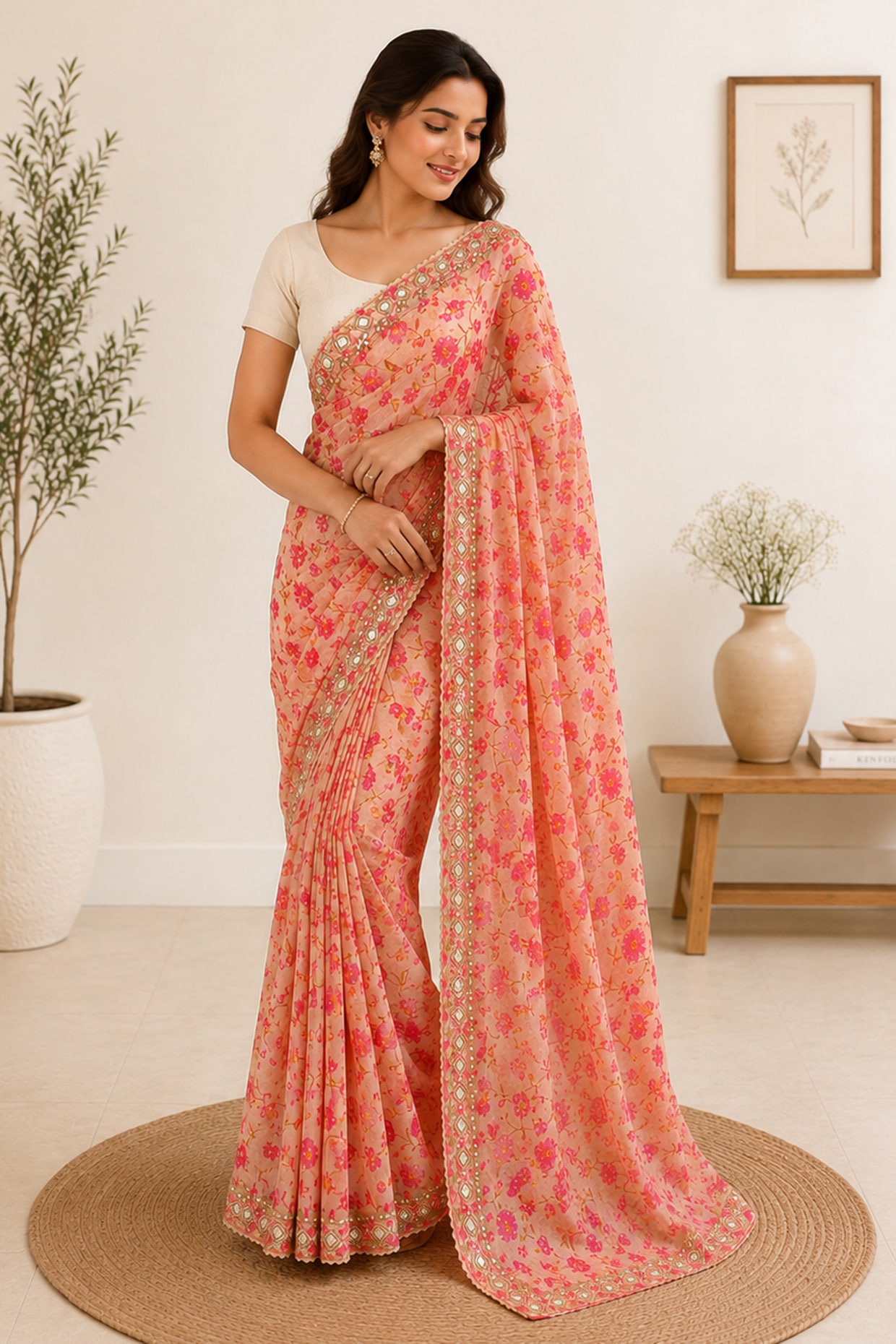 House Of Jamoti Blush Pink Organza Floral Printed Saree