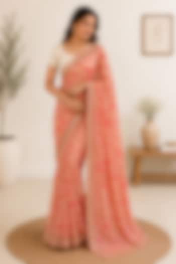 Blush Pink Organza Floral Printed Festive Saree by House Of Jamoti at Pernia's Pop Up Shop