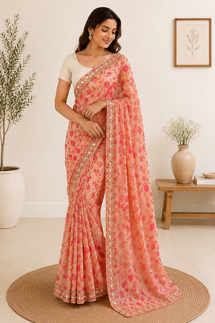 Blush Pink Organza Floral Printed Festive Saree by House Of Jamoti at Pernia's Pop Up Shop