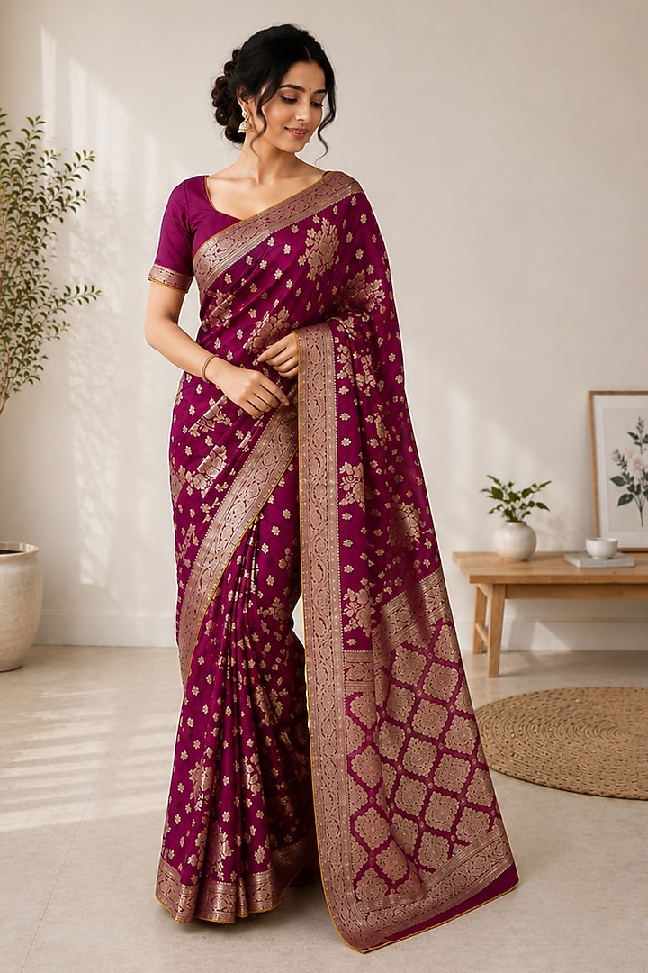 Royal Wine Banarasi Silk Festive Saree by House Of Jamoti at Pernia's Pop Up Shop