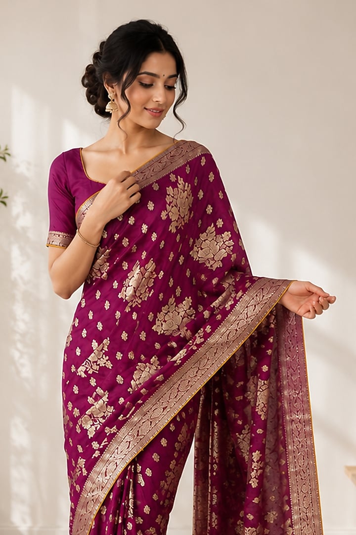 Royal Wine Banarasi Silk Festive Saree by House Of Jamoti at Pernia's Pop Up Shop